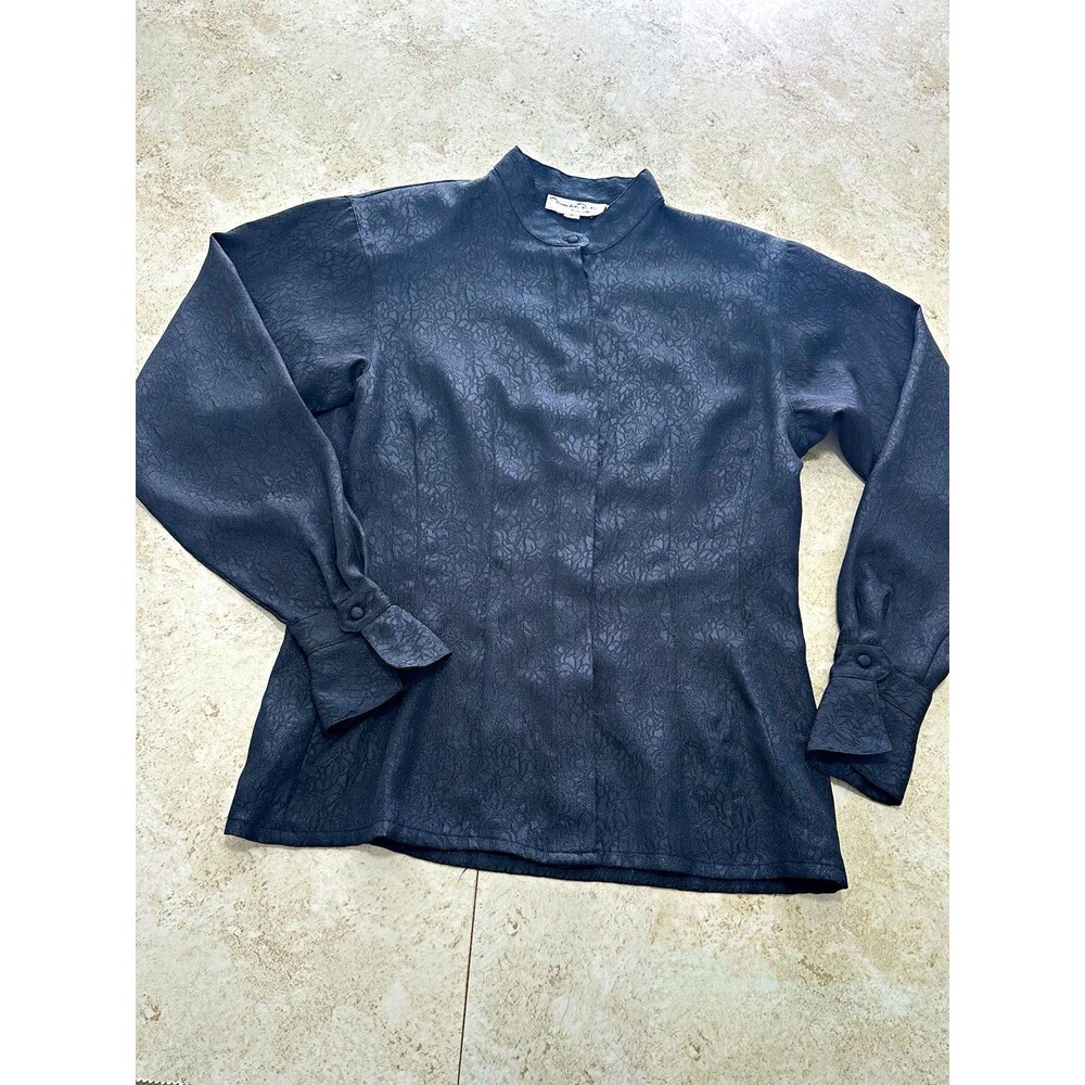 Vintage Oscar de la Renta Expressions Black Floral Jacquard Blouse Shirt Size 6